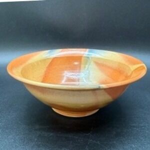VTG‎ Handmade Ceramic Bowl Orange Swirl Glaze Art Pottery Salad Cereal Dish Fun